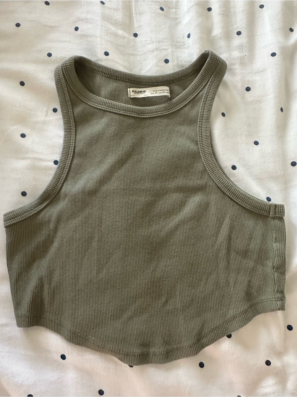 Pull&Bear Olive Ribbed High-Neck Cropped Tank